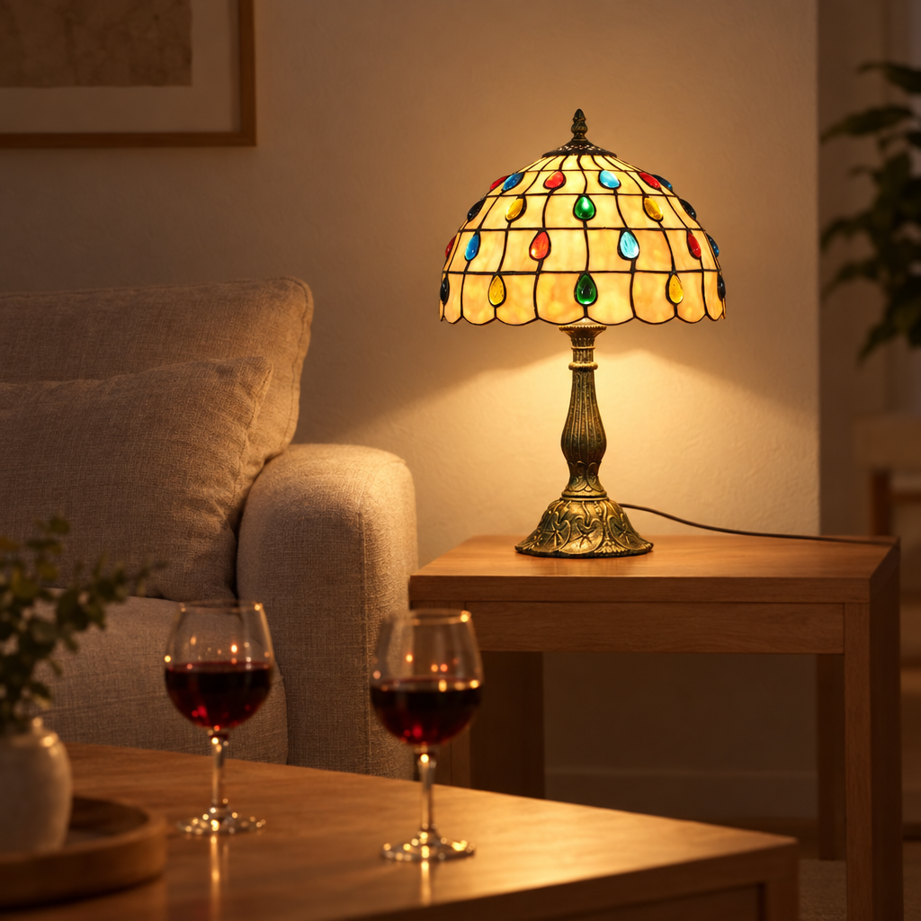 Lampe de chevet Tiffany Perlée Multicolore dans un salon le soir
