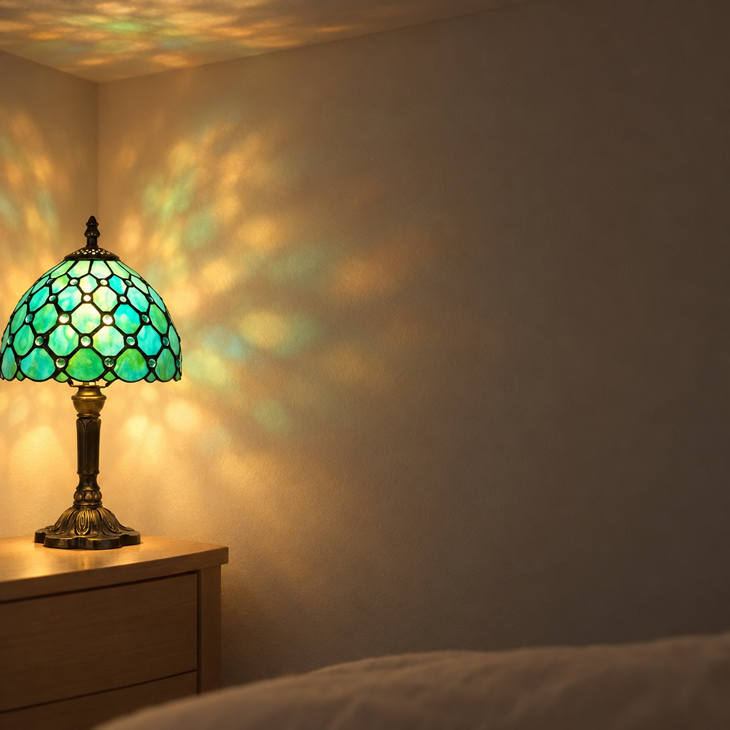 Halo coloré projeté au mur par la lampe de chevet Tiffany Perlée Émeraude
