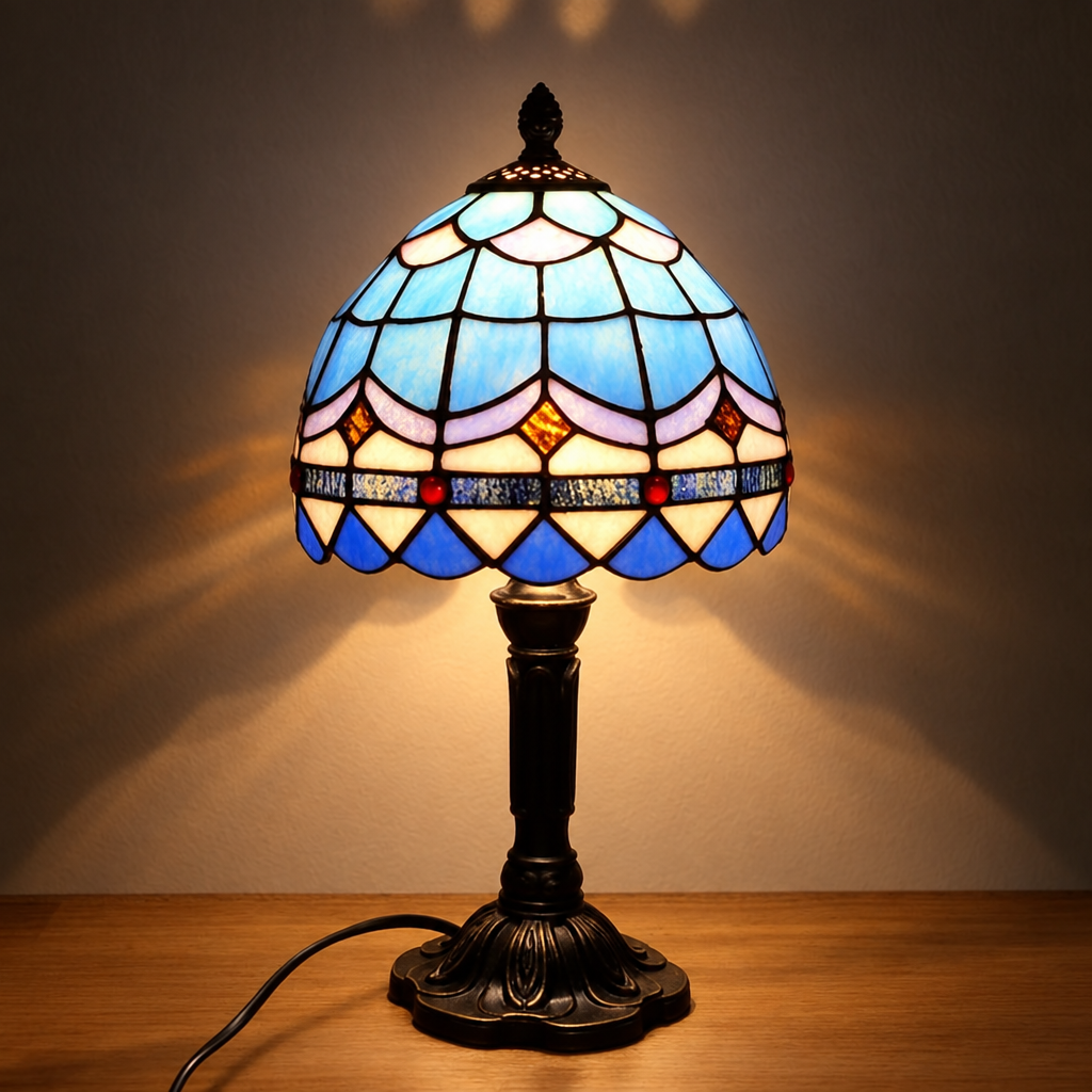 Lampe de chevet Tiffany Bleu Ciel allumée la nuit