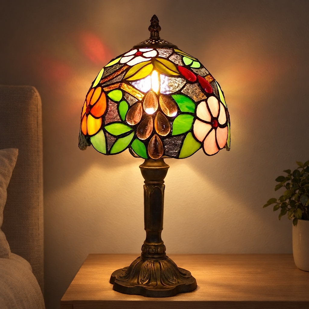 Lampe de chevet Tiffany Florale Verte allumée la nuit