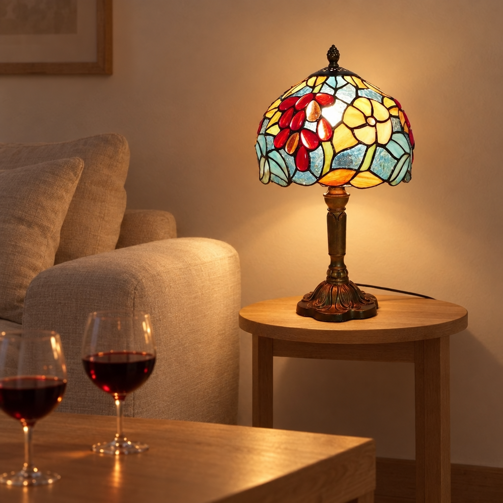 Lampe de chevet Tiffany Rubis dans un salon le soir