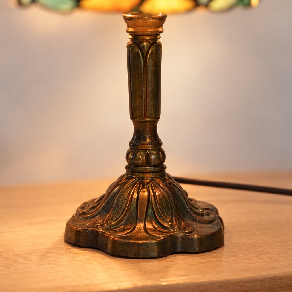 Gros plan du pied ouvragé de la lampe de chevet Tiffany Rubis