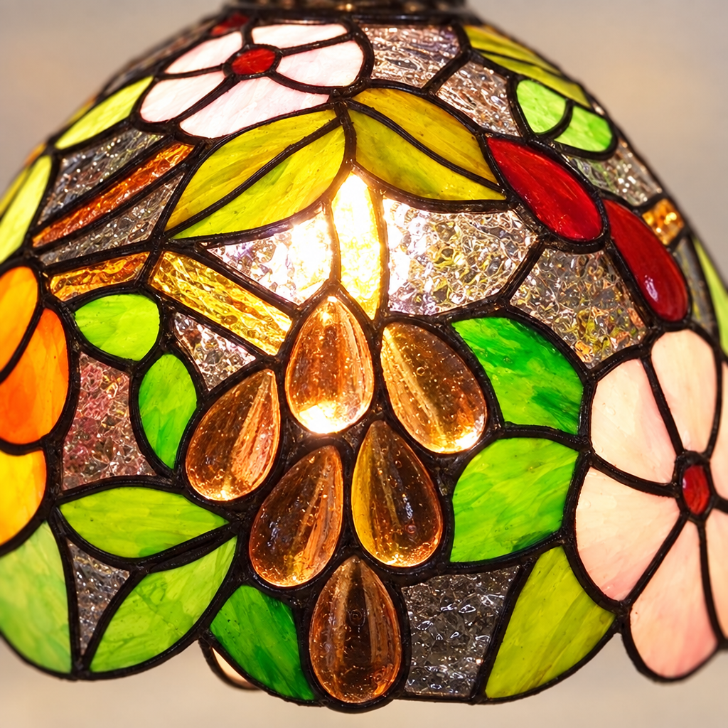 Gros plan du vitrail de la lampe de chevet Tiffany Florale Verte