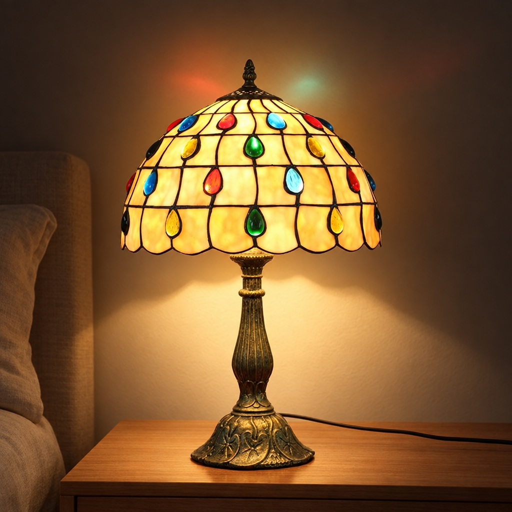 Lampe de chevet Tiffany Perlée Multicolore allumée la nuit