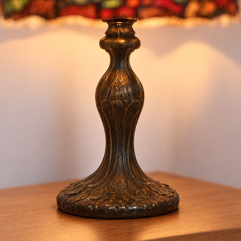 Gros plan du pied ouvragé de la lampe de chevet Tiffany Fleur Rouge