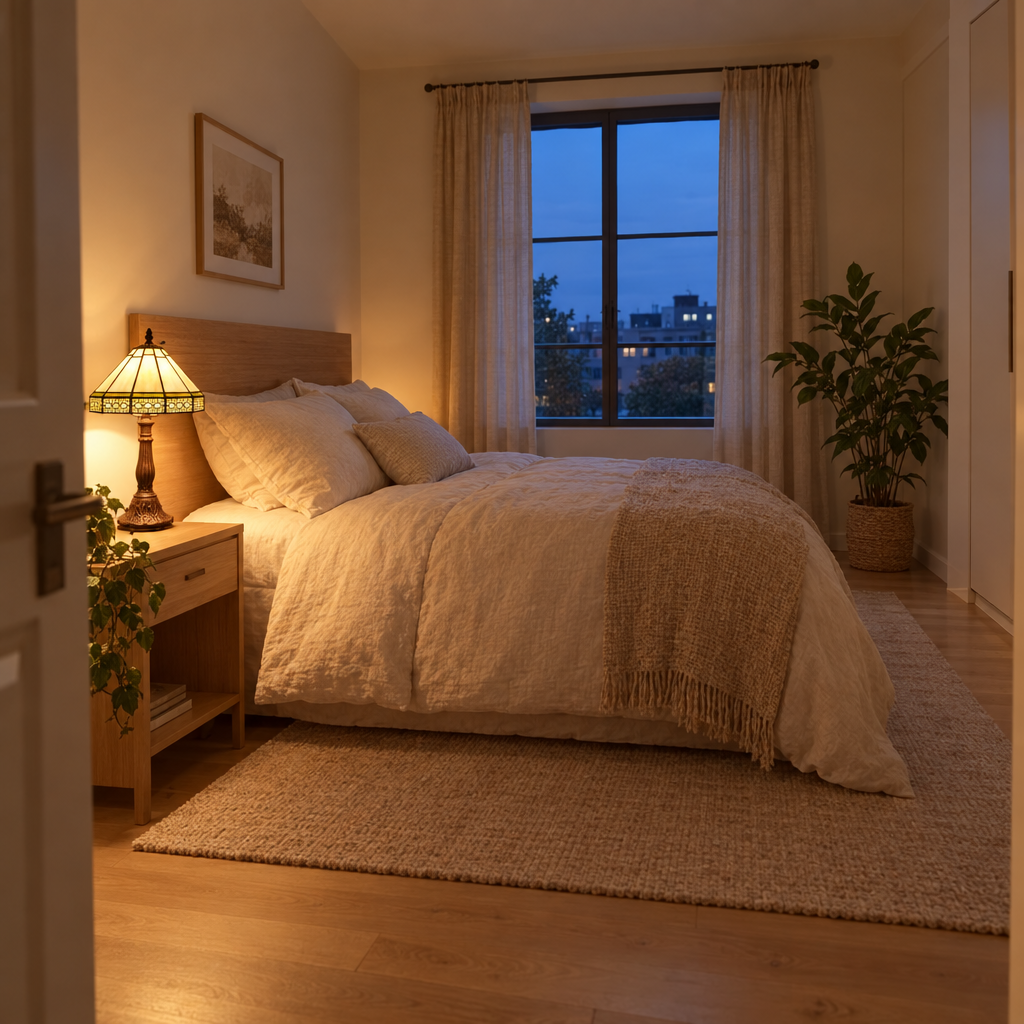 Lampe de chevet Tiffany Mission Beige dans une chambre entière