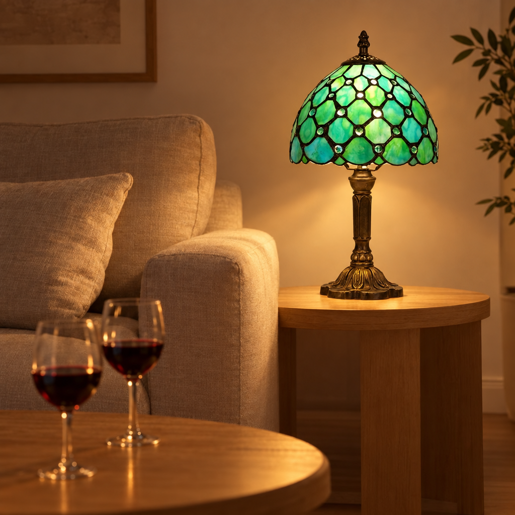 Lampe de chevet Tiffany Perlée Émeraude dans un salon le soir