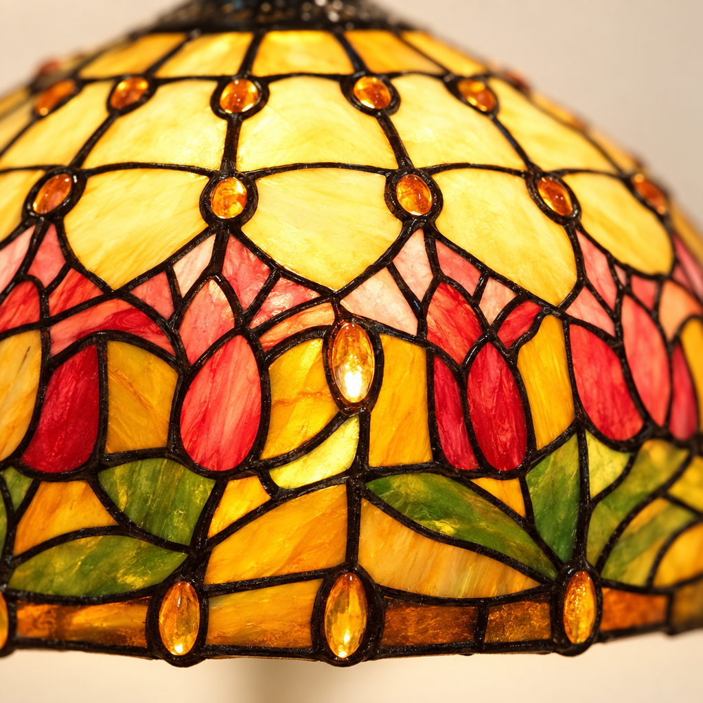Gros plan du vitrail tulipes de la lampe de chevet Tiffany Tulipe Rouge