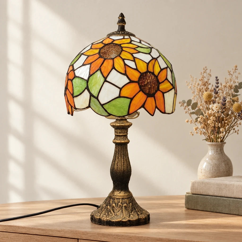 Lampe de chevet Tiffany Tournesol éteinte en lumière du jour