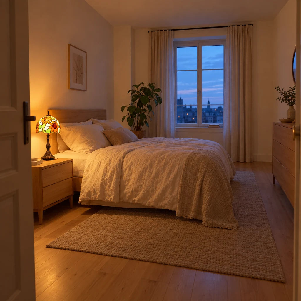 Lampe de chevet Tiffany Tournesol dans une chambre entière