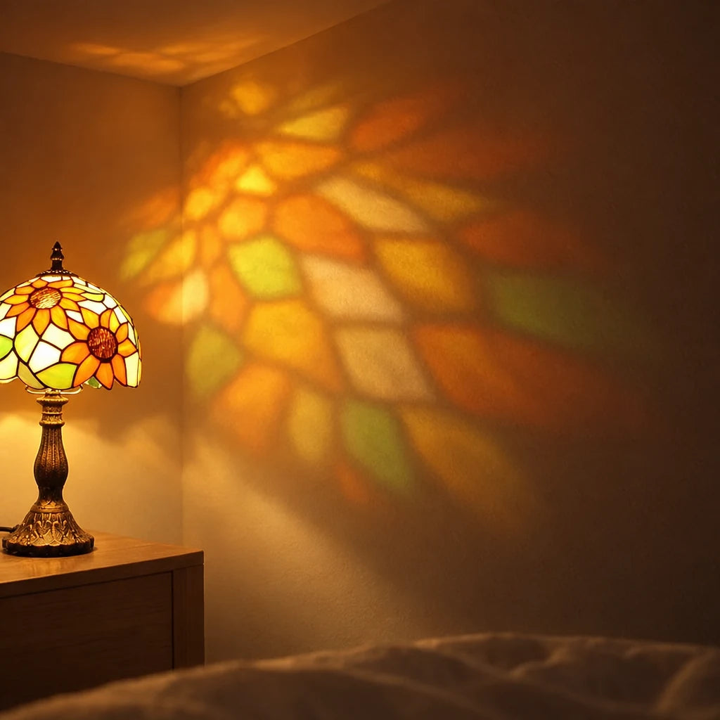 Halo coloré projeté au mur par la lampe de chevet Tiffany Tournesol
